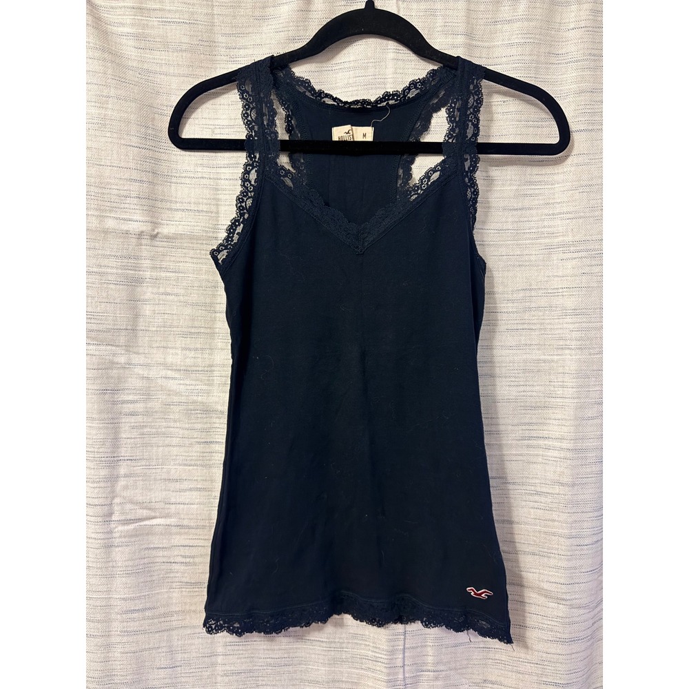 Hollister Black Lace Trim Racerback Tank Top Ribbed V-Neck Cami Medium